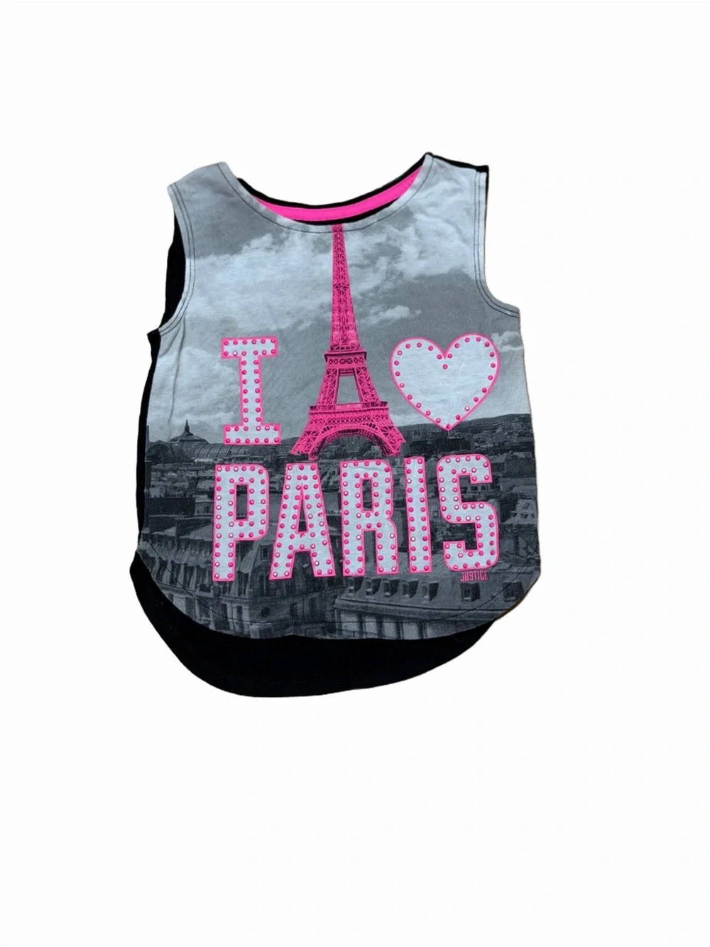 Justice Girls Size 5 I Love Paris Eiffel Tower Rhinestone Graphic High Low Tank